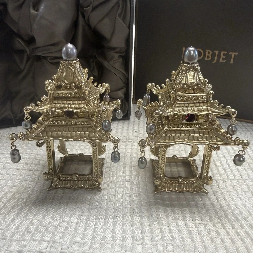 Set 2 L'Objet Pagoda Napkin Jewels Rings Holders 24K Gold Plated Crystals Pearls